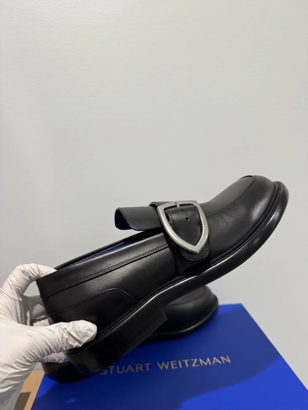 Burberry Black Leather Buckle Monk Strap Loafers with Blue Insole